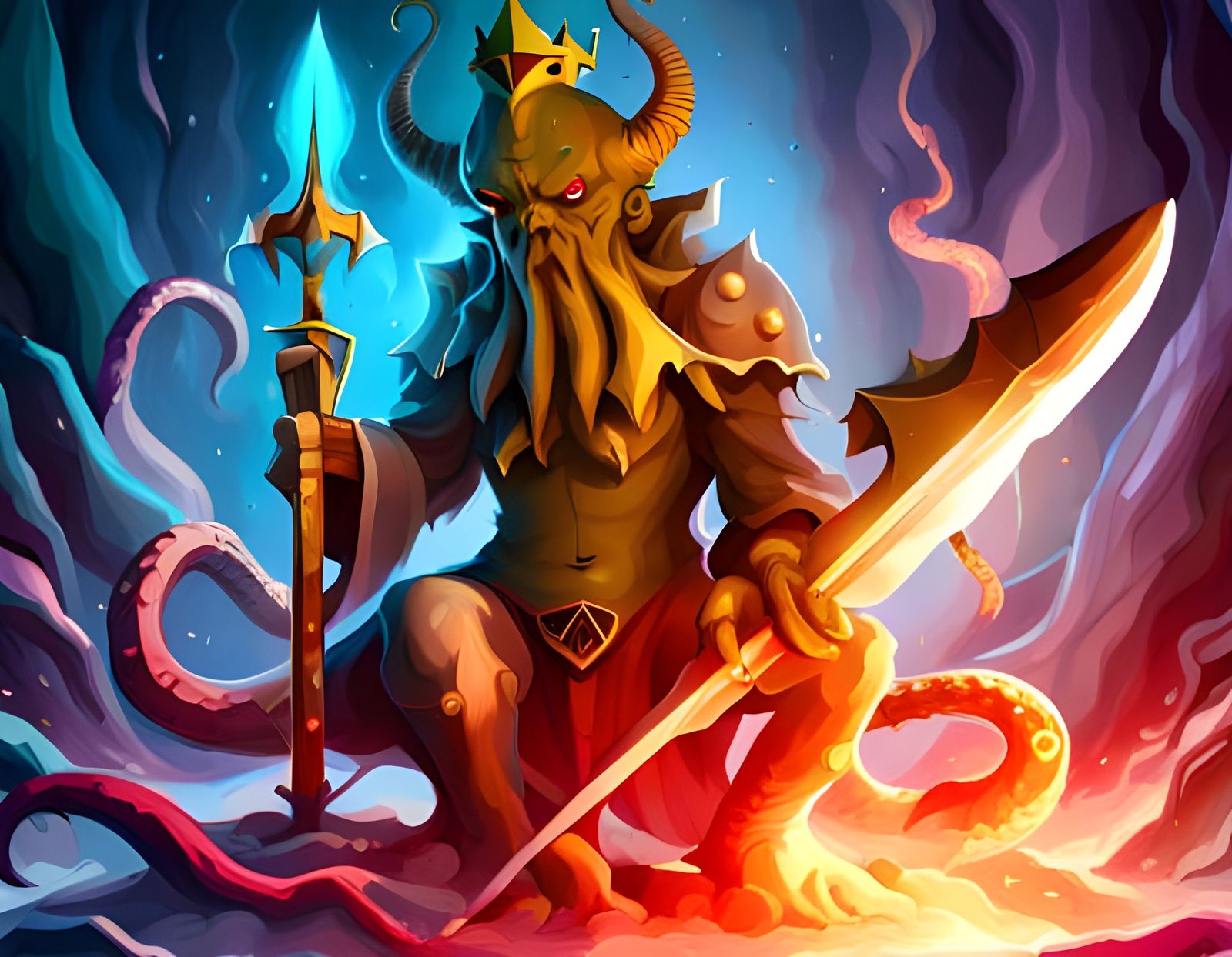 Cthulhu God Portrait with Crown and Sword