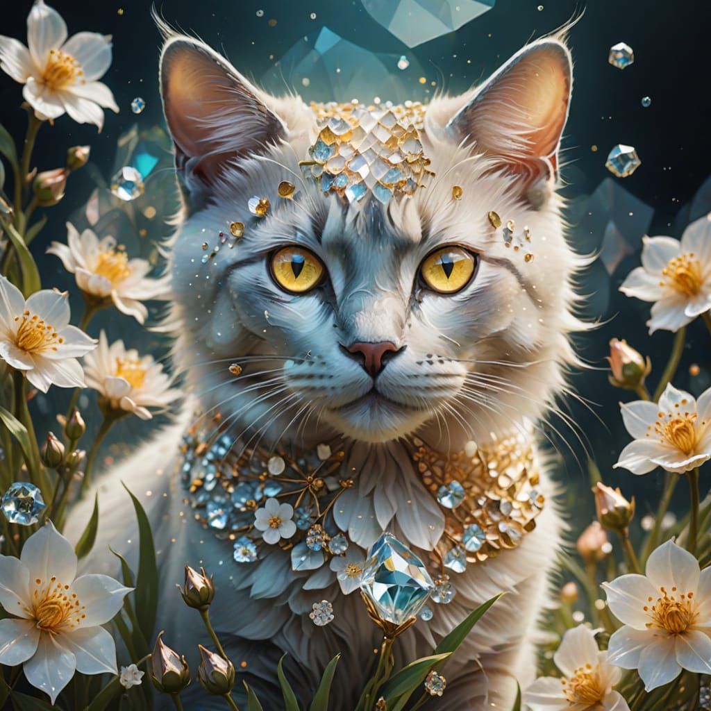 Crystal Cat Adorned with Blooming Flowers