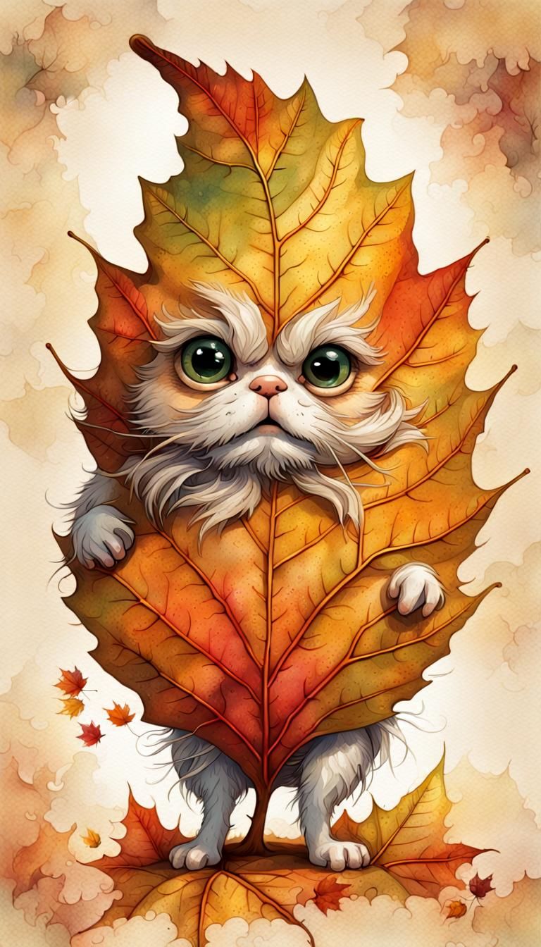 Grumpy Autumn Leaf Portrait in Watercolor Style