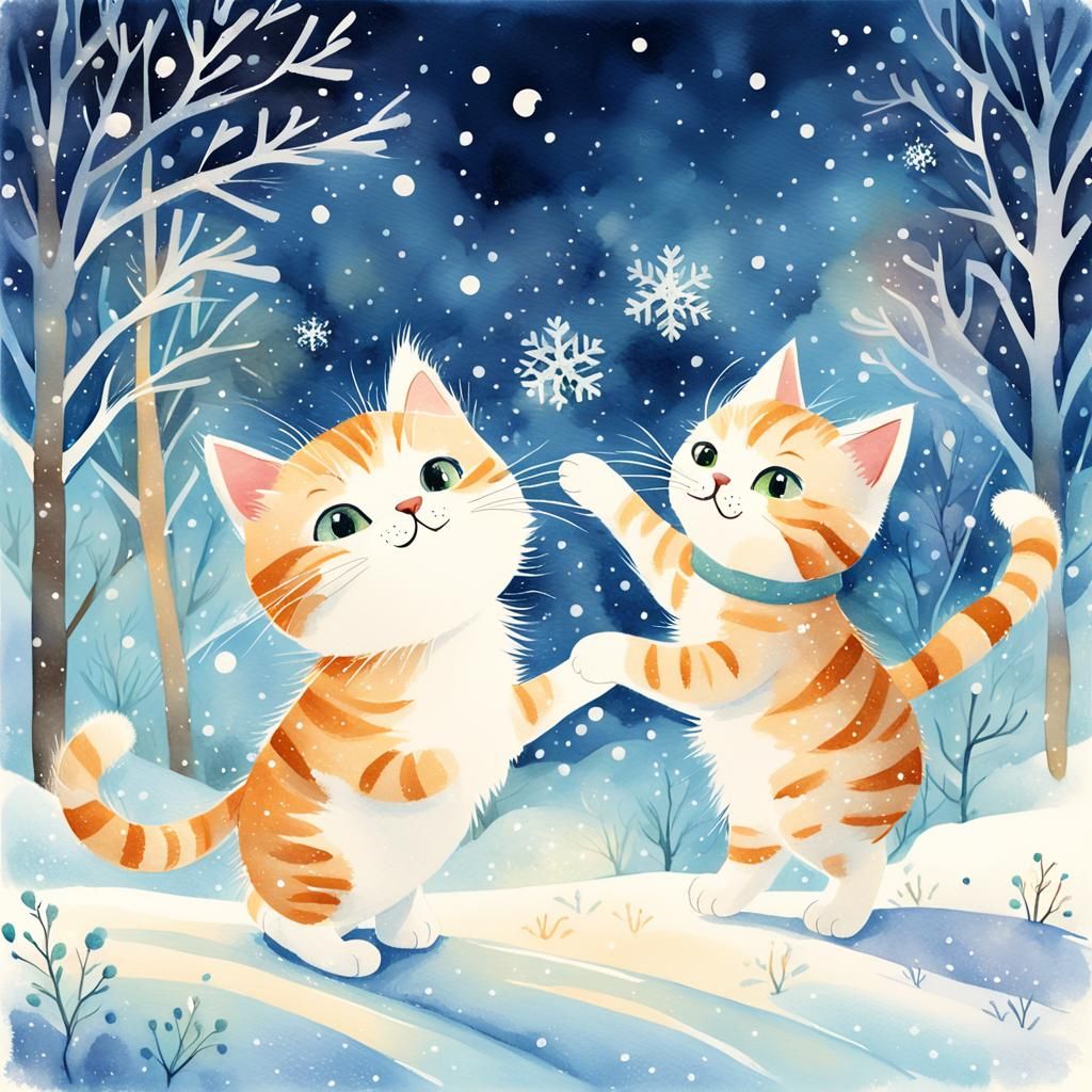 Whimsical Cats Playing in Snowy Wonderland