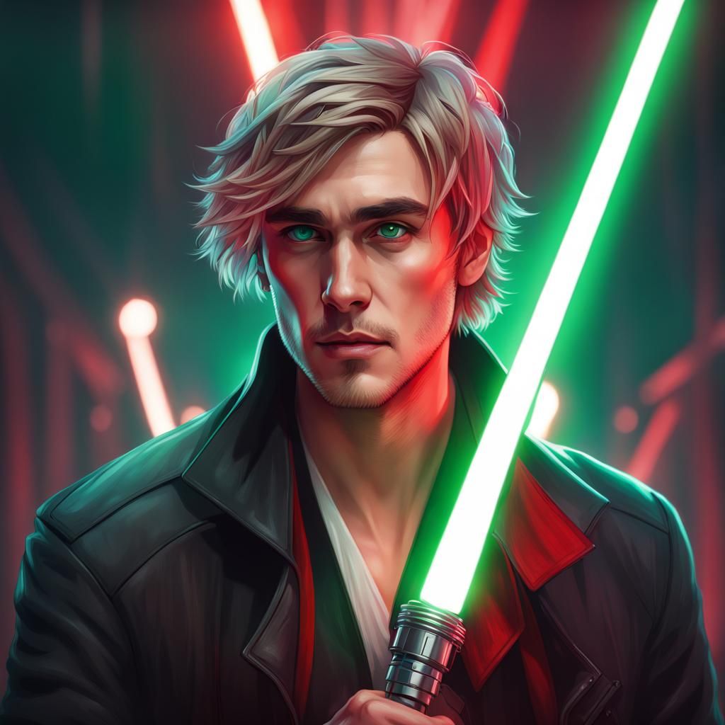 Man with Emerald Eyes and Lightsaber, Detailed Portrait