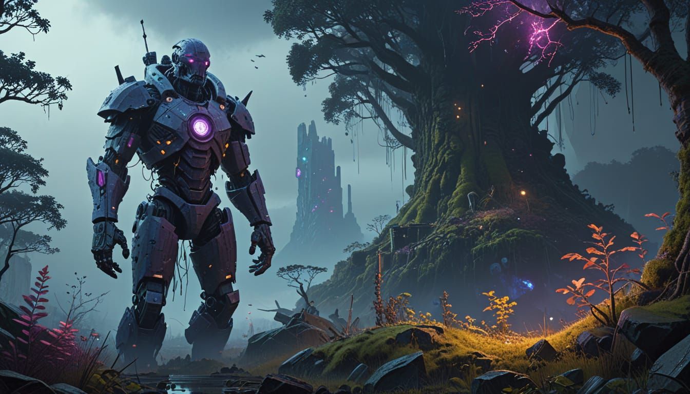 Crystal Golem Guards Overgrown Futuristic City