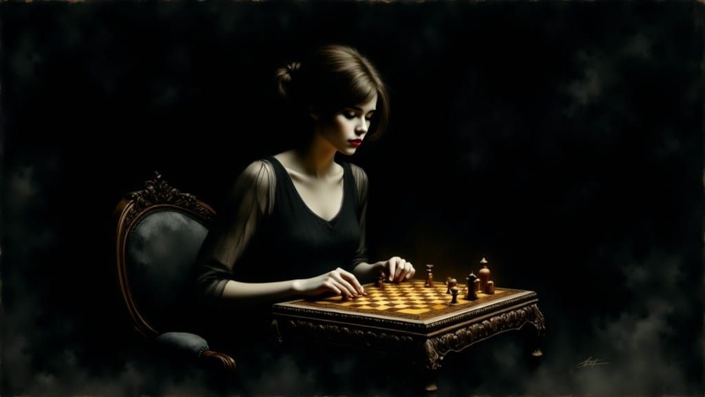 Surrealist Woman Contemplates Chessboard in Golden Twilight