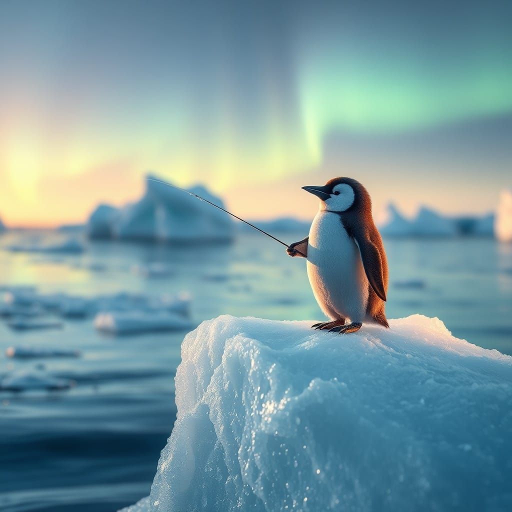 Adorable Penguin Fishes on Arctic Iceberg at Dawn