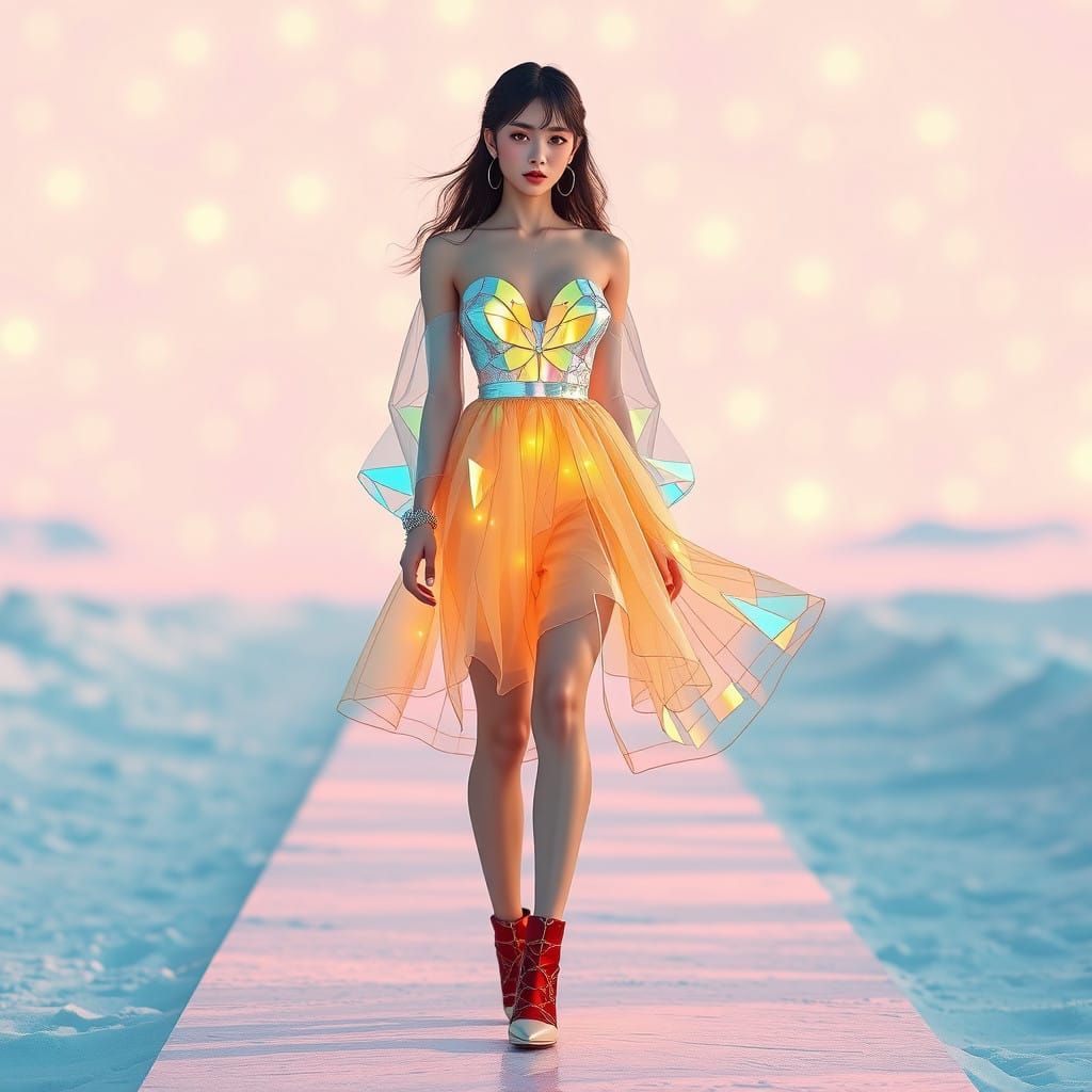 Glamorous Snowy Runway Model in Vibrant Stained Glass Minisk...
