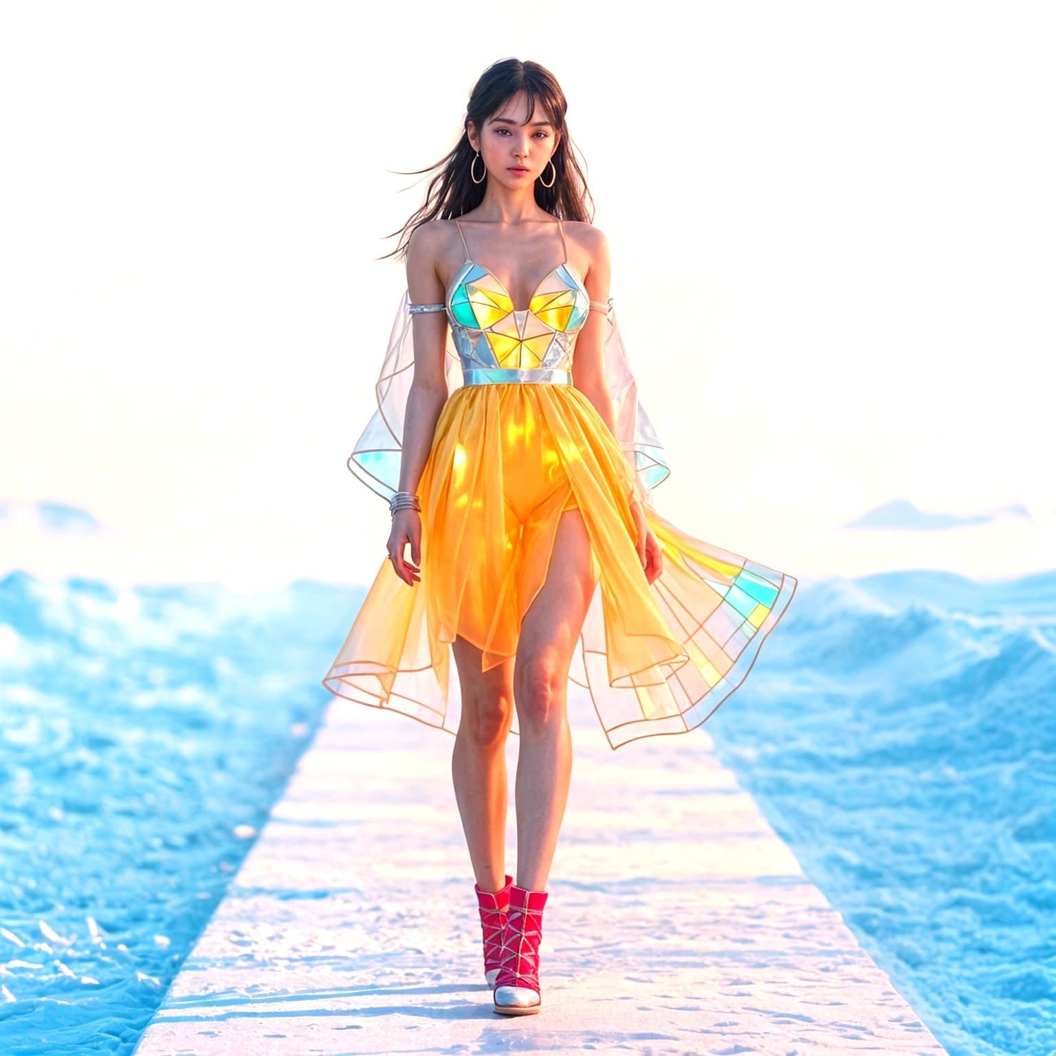 Snowy Runway Fashionista in Stained Glass Miniskirts