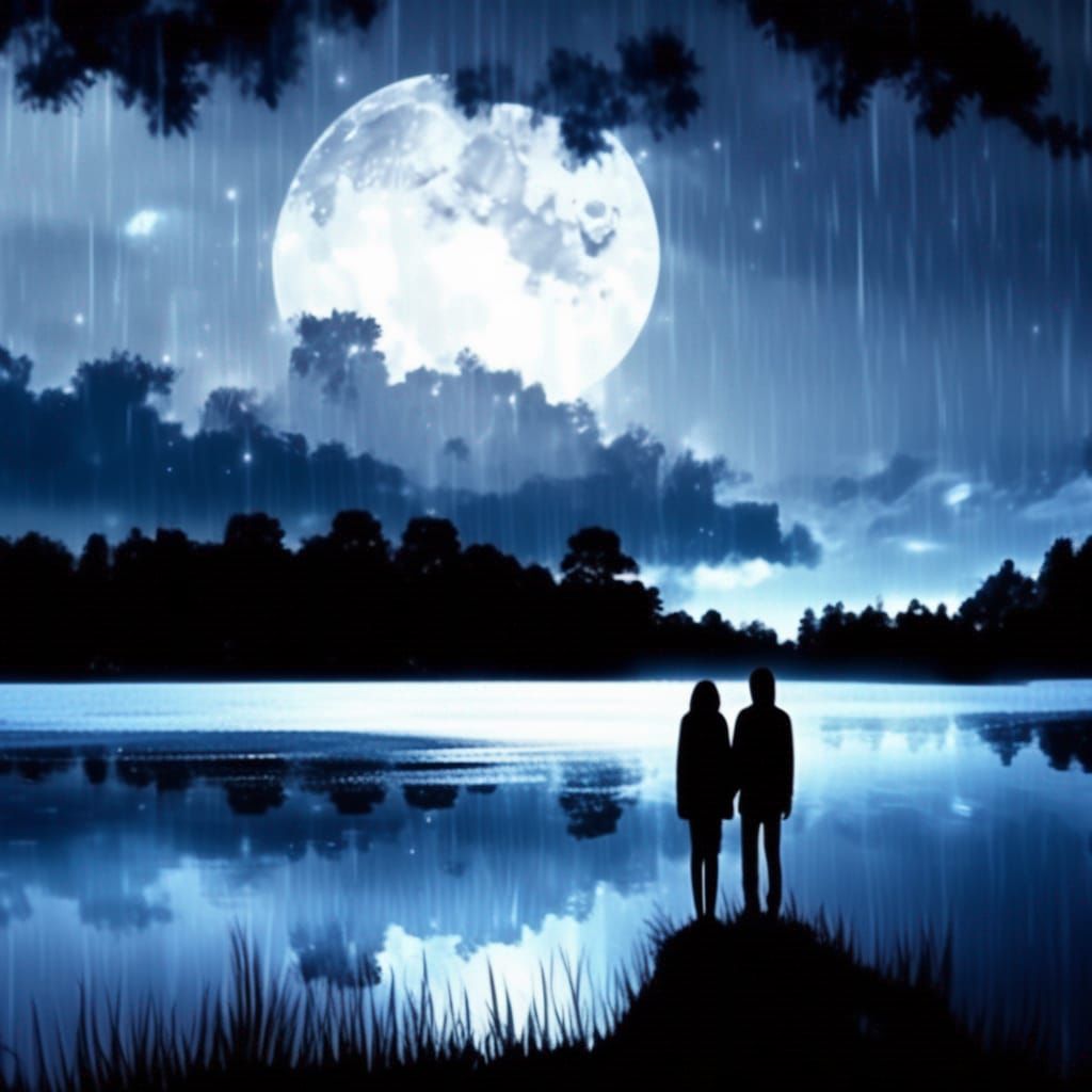 Gloomy Lakeside Scene of Friends in Moonlight