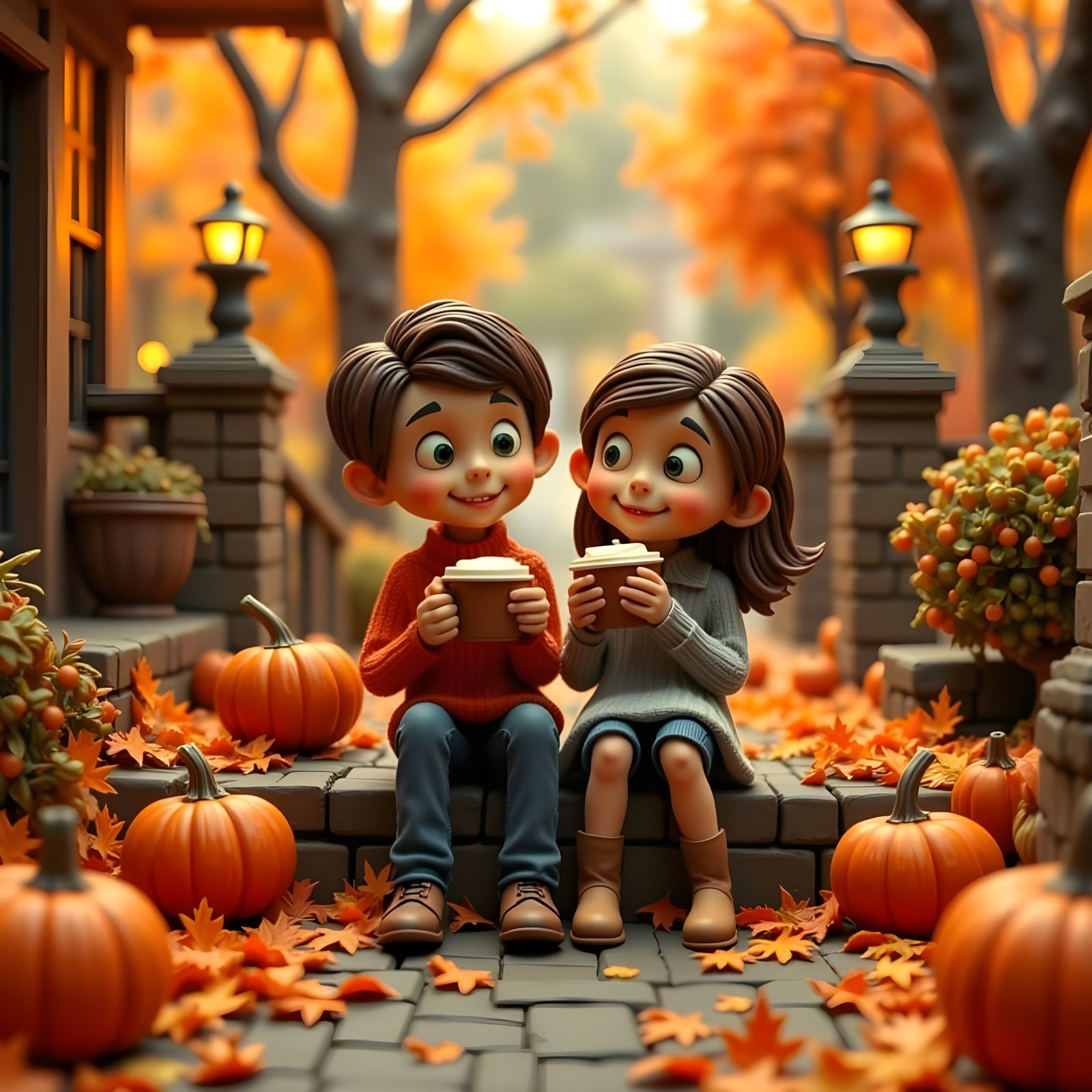 Claymation Couple Enjoys Autumn Pumpkin Spice Lattes