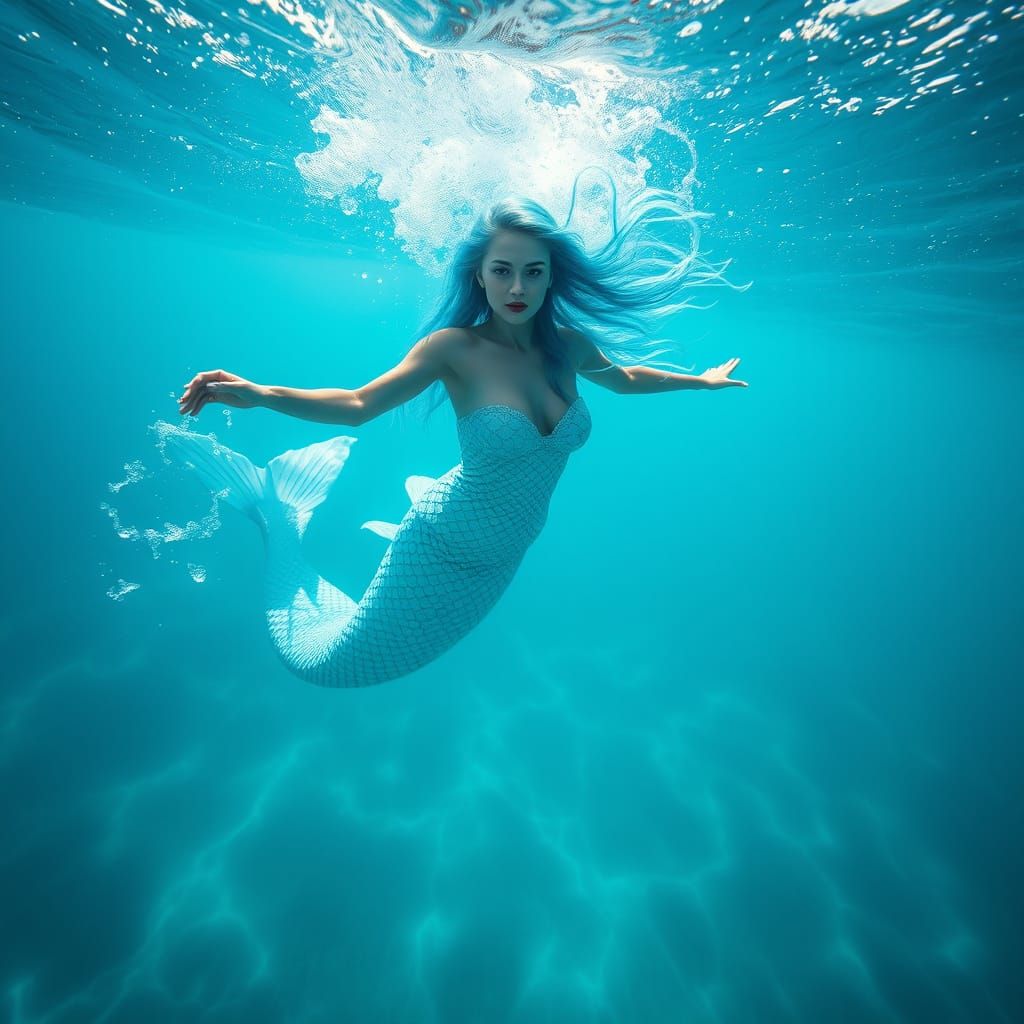 Gothic Mermaid Portrait in Turquoise Mediterranean Sea