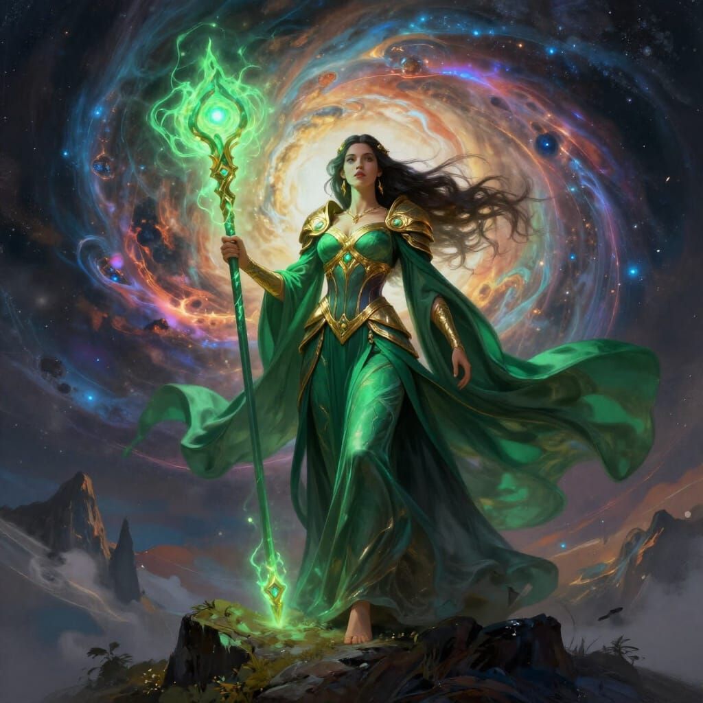 Female Sorceress in Emerald Robes on Nebula Mountaintop