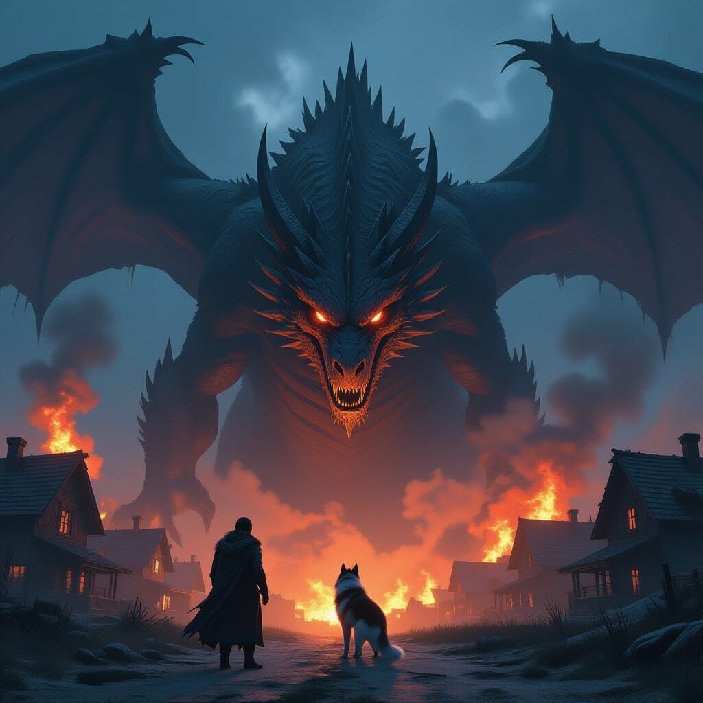 Rogue and Husky Face Colossal Dragon in Stormy Twilight