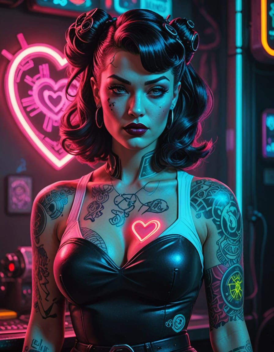 Cyberpunk Pinup Girl With Heart Tattoos in Neon Colors