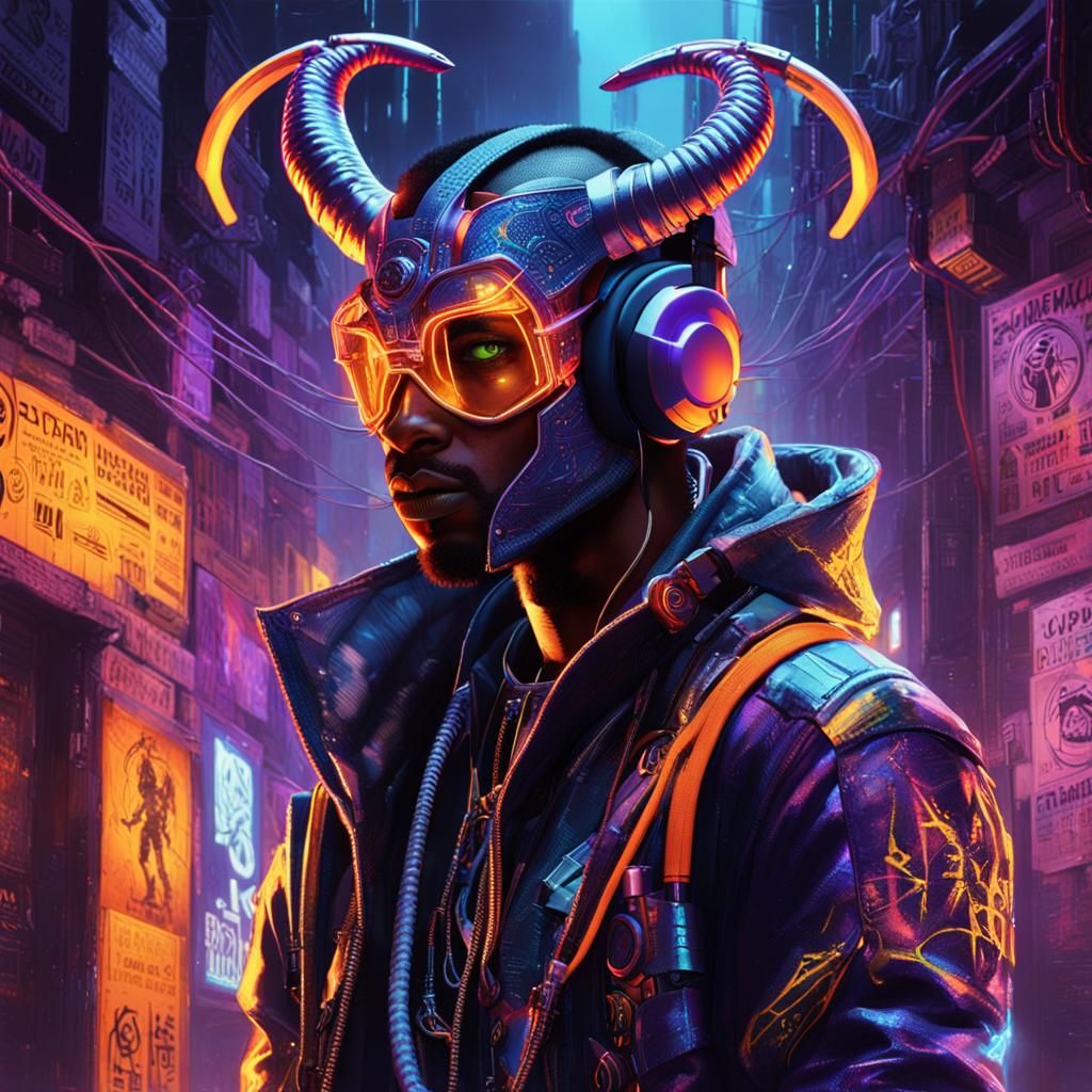 Cyberpunk Tiefling Rapper in Neon Alleyway