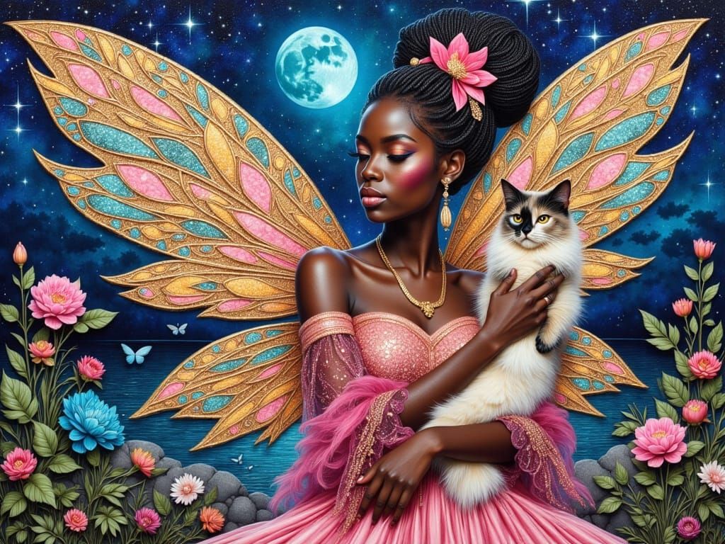 Glamorous Caribbean Fairy with Cat in Kehinde Wiley Style