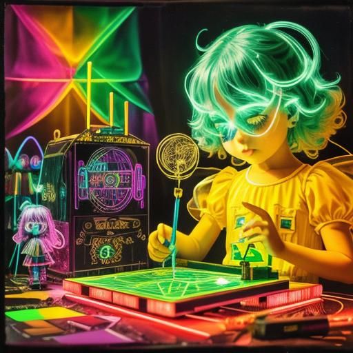 Surreal Rayograph with Rainbow Fairy and Neon Cityscape