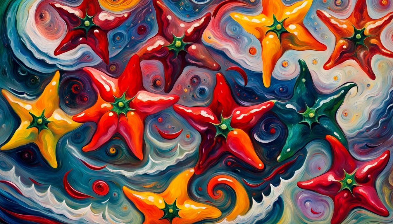 Spinning Chili Pepper Stars in Vivid Impasto Oil