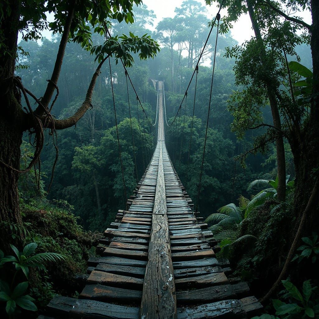 Sinister Wooden Suspension Bridge in Amazon Forest
