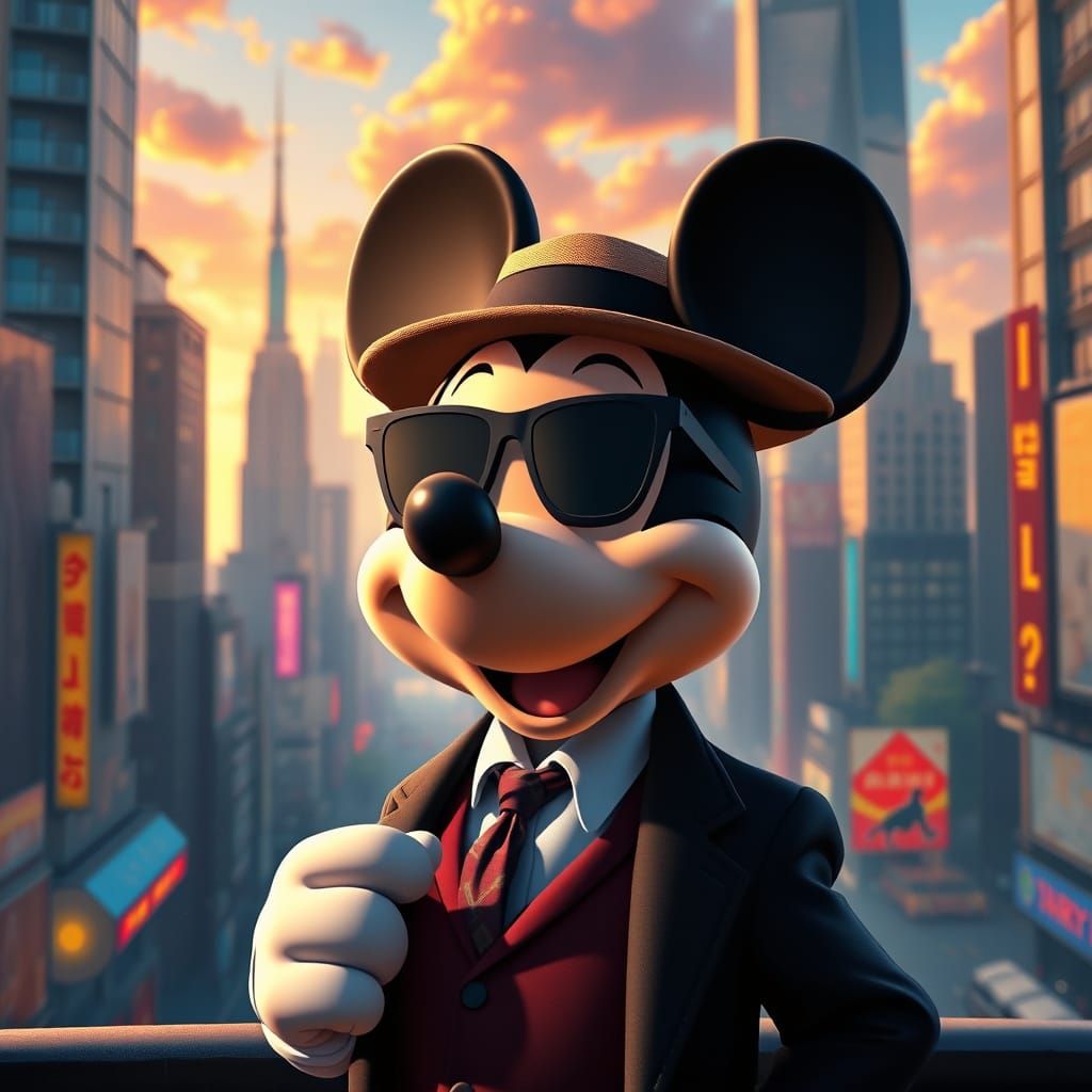 Gangster Mickey Mouse in Vibrant Anime Cityscape