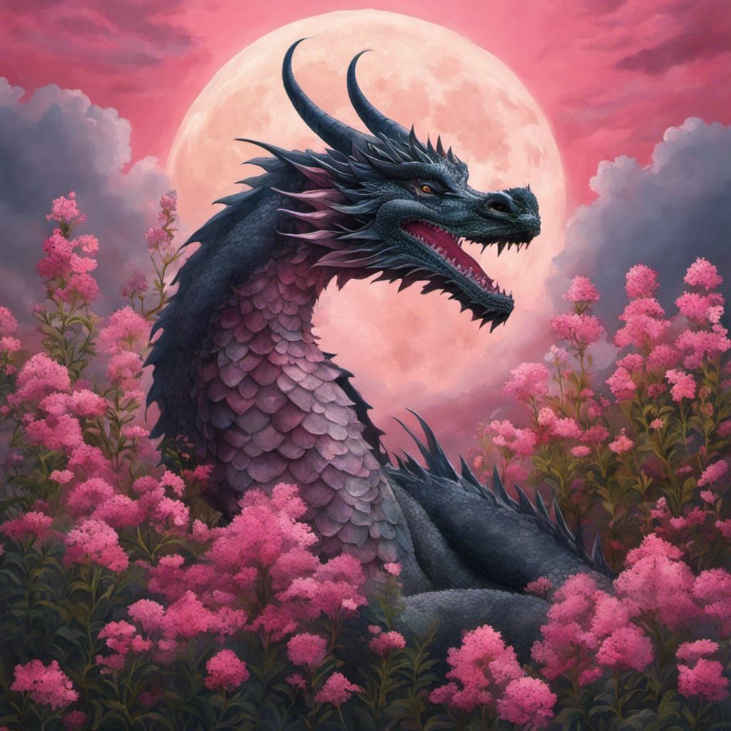 Dragon Gazing at Pink Moon Above Wildflowers