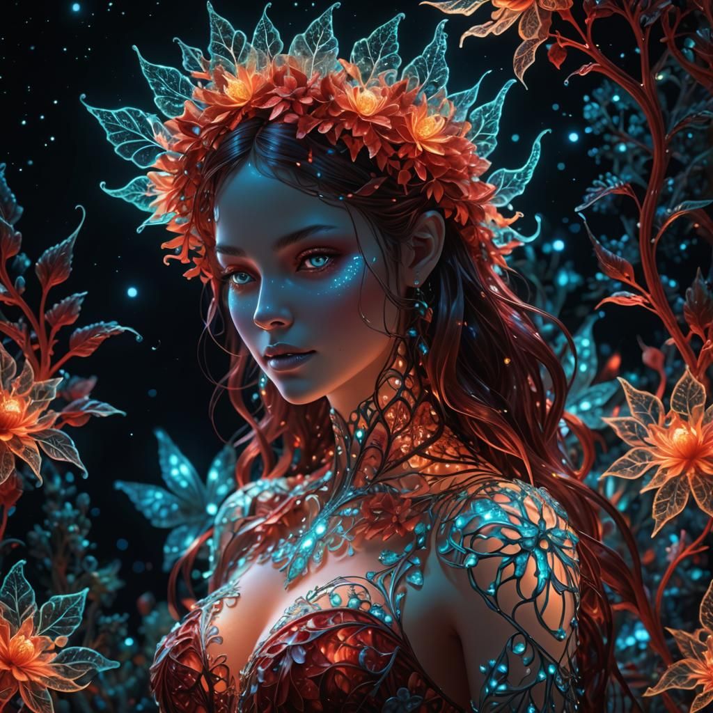 Bioluminescent Fractal Fairy in Galactic Night