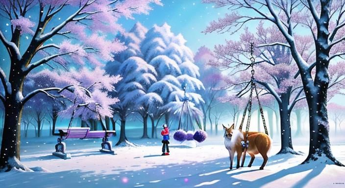 Winter Lady on Swing: Vivid Oil Painting