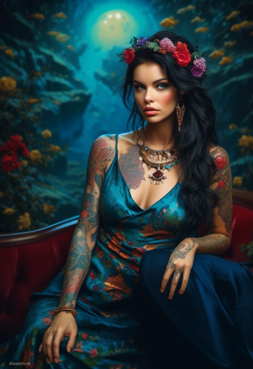 Boho Tattooed Goddess Portrait in Post-Impressionist Style