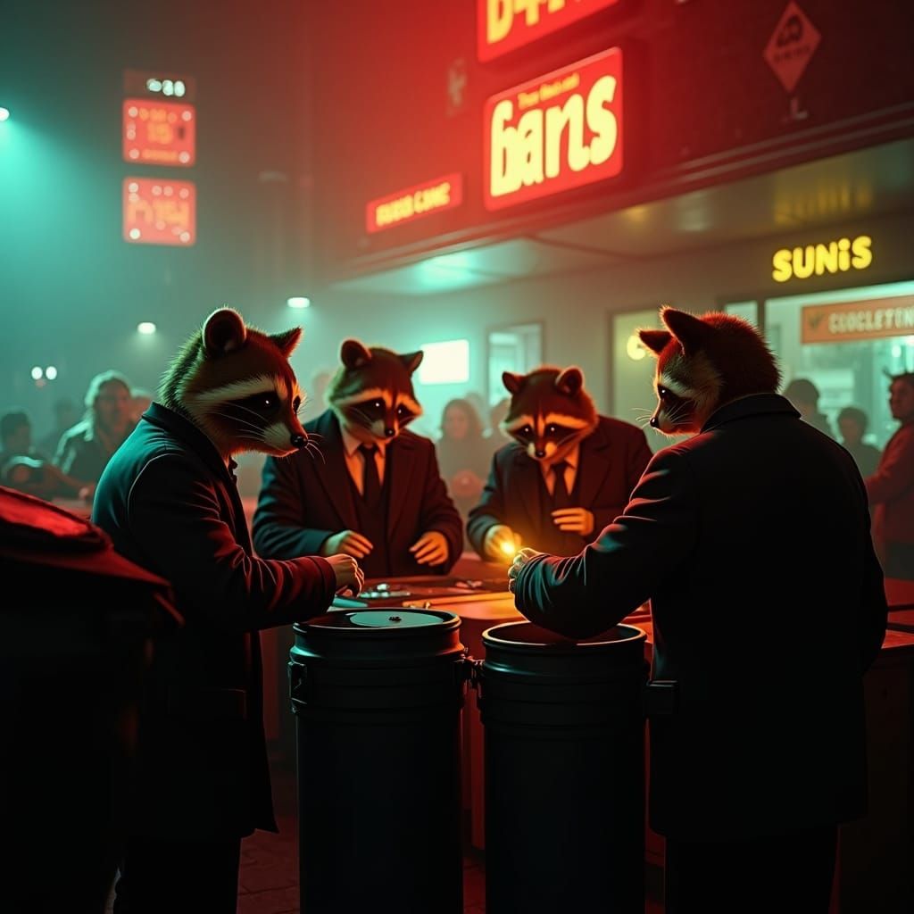 Anime Raccoons in Cityscape after Edward Hopper