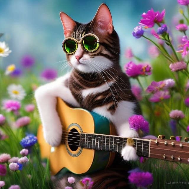 Hippie Cat Playing Guitar in Flower Meadow