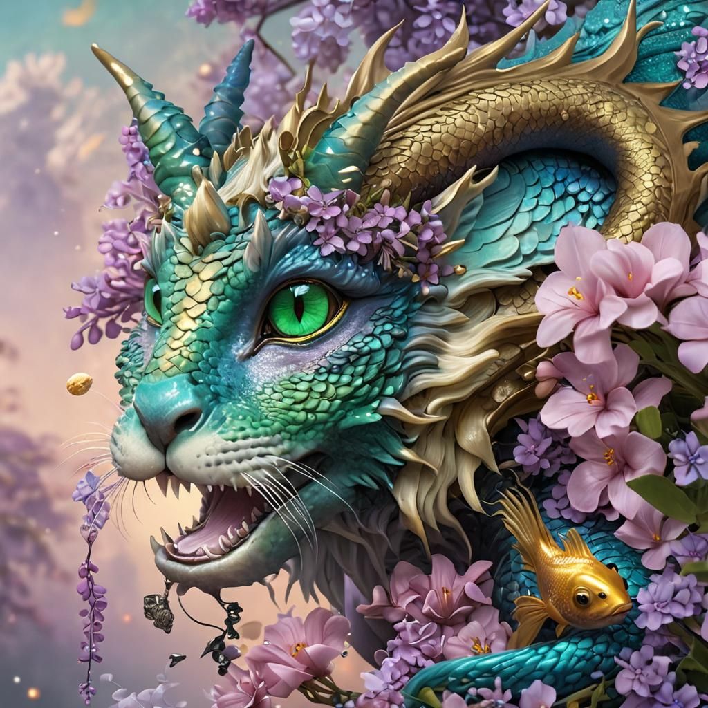 Dragon-Kitten Hybrid in Magical Garden, Watercolor Art