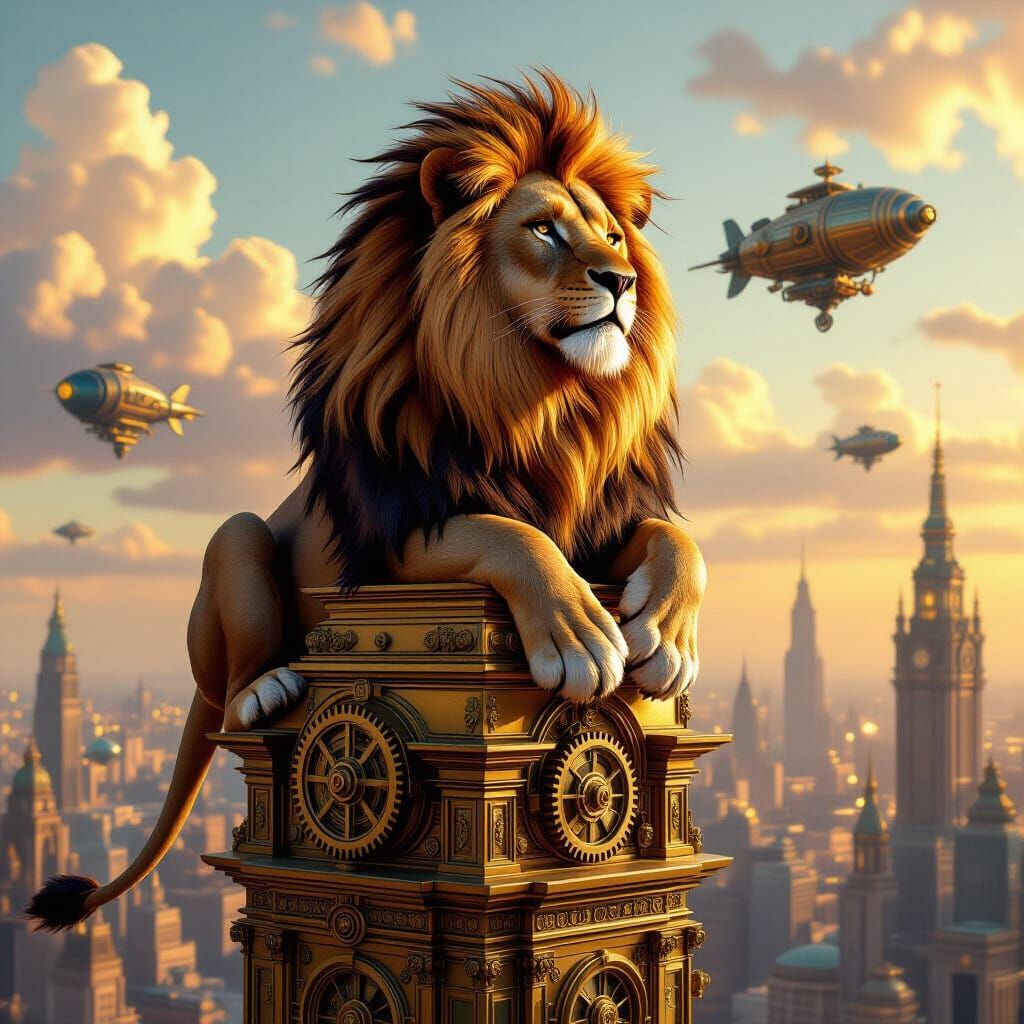Steampunk Lion on Brass Spire with Neon Hues