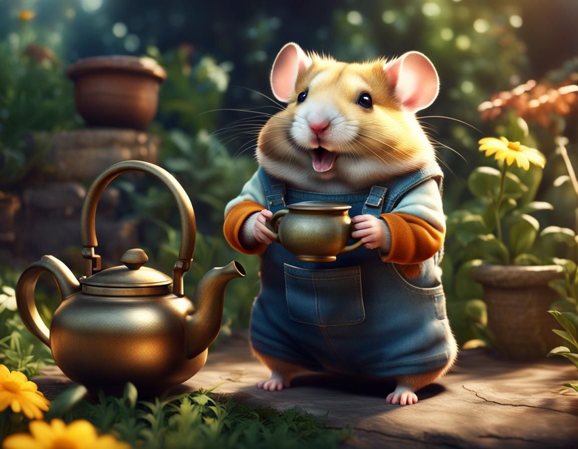 Cute Hamster Gardener with Teapot: Fantasy Concept Art