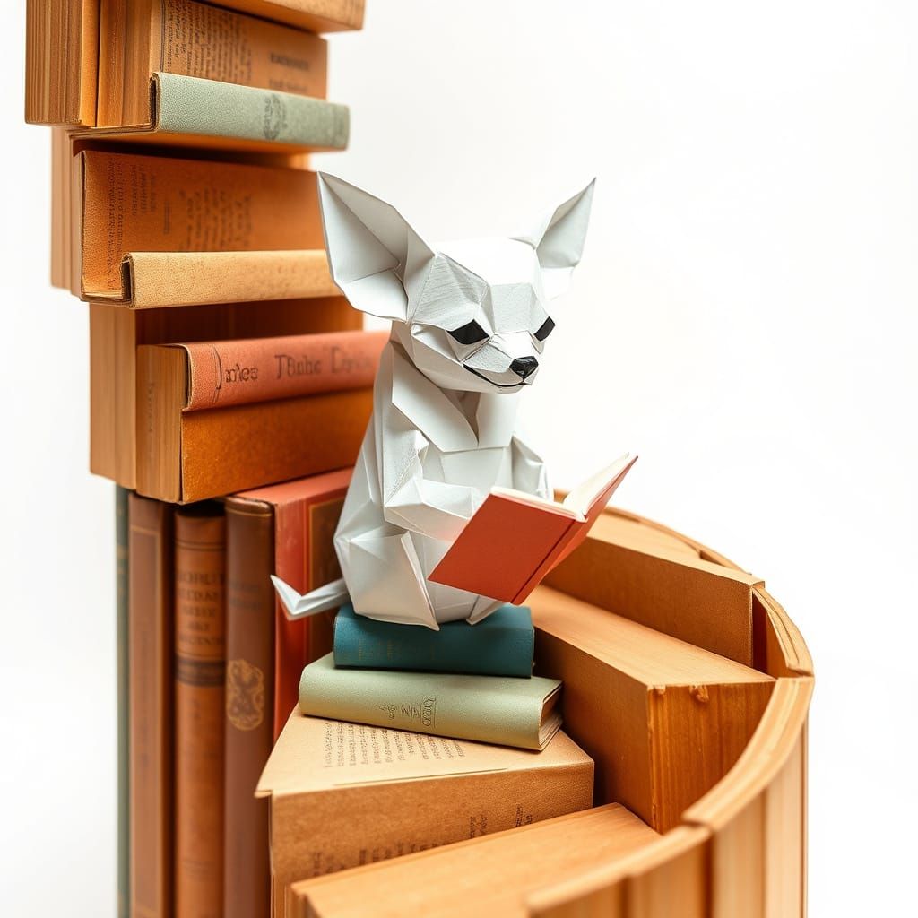 Anthropomorphic Origami Chihuahua Reader in Pastel Hues