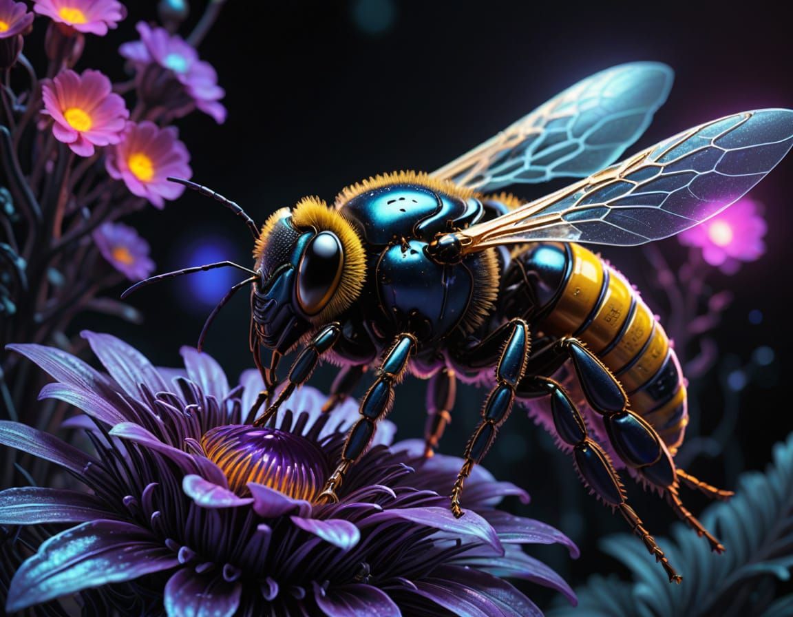 Biomechanical Bee in Neon Bloom