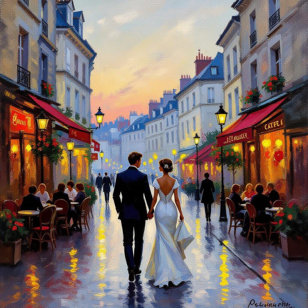 Romantic Couple on City Boulevard in Impressionist Style