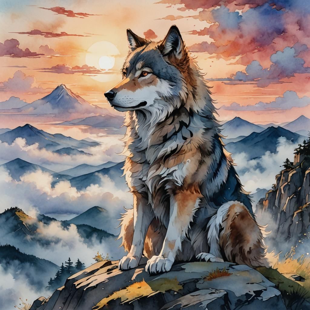 Contemplative Lone Wolf Anime Portrait in Watercolor