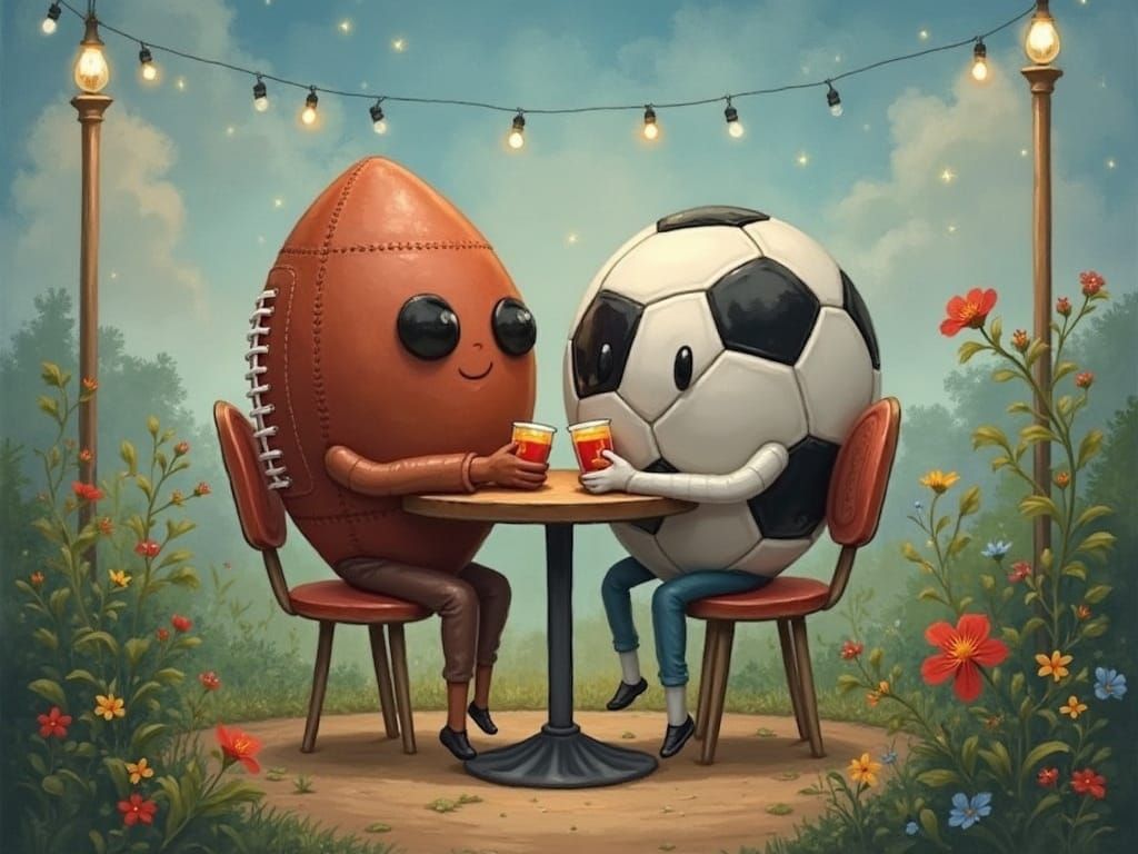 Football and Soccer Balls Enjoy Drinks at a Whimsical Cafe