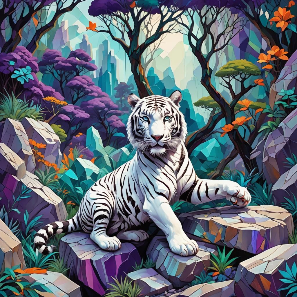 White Tiger in Violet Landscape, Modern Cubism