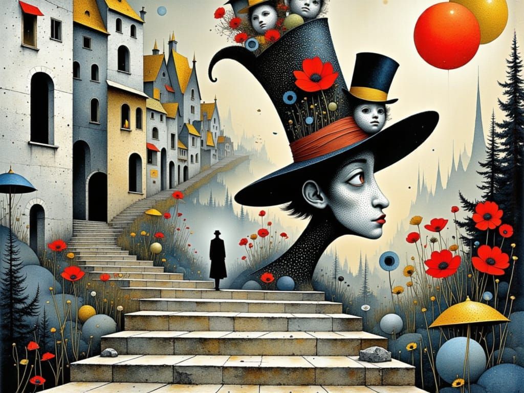 M.C. Escher-Inspired Wonderland Scene with Stipple-Patterned...