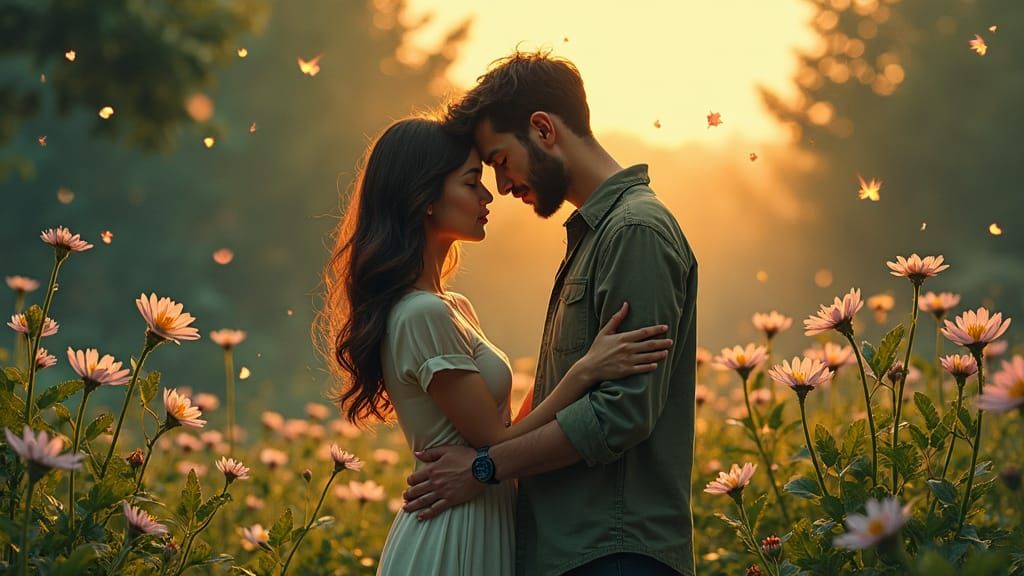 Celestial Garden Embrace: Dreamy Digital Watercolor Art