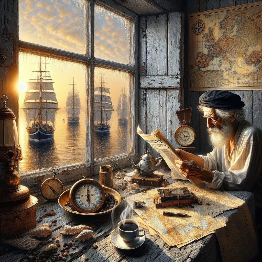 Elderly Sailor Reading by Harbor: Oil Painting Style