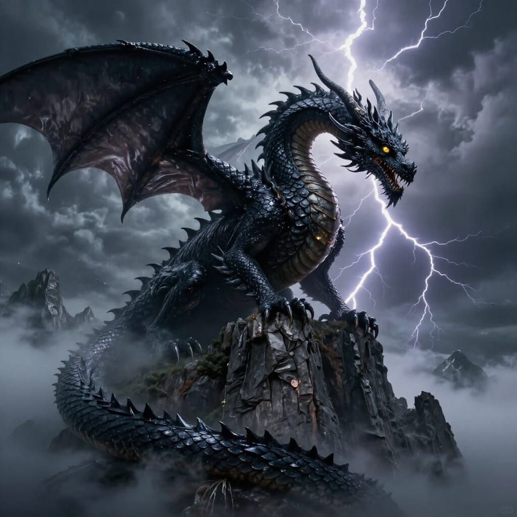 Ancient Obsidian Dragon on Misty Mountain Peak