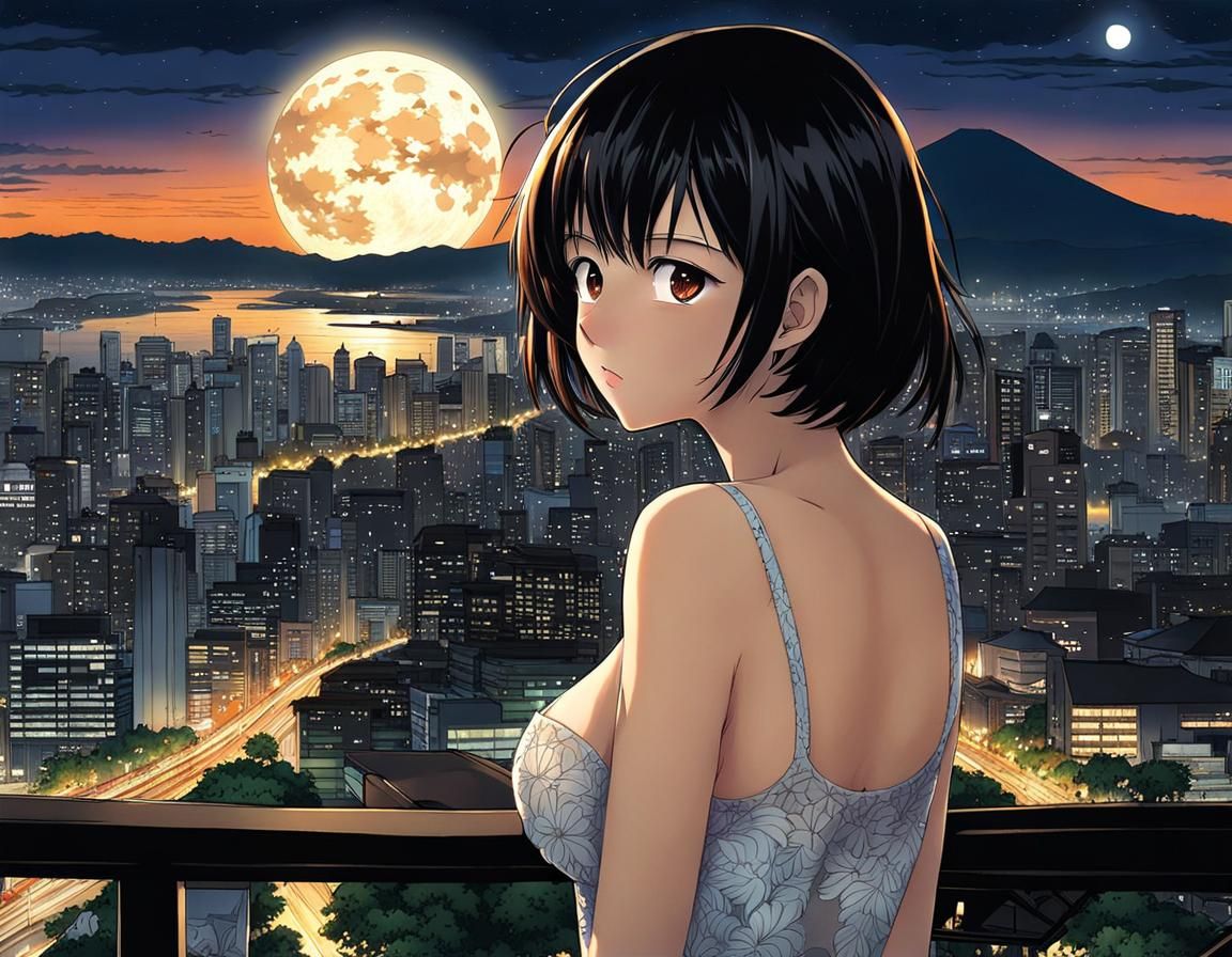Anime Style Indonesian Woman in Tropical Cityscape