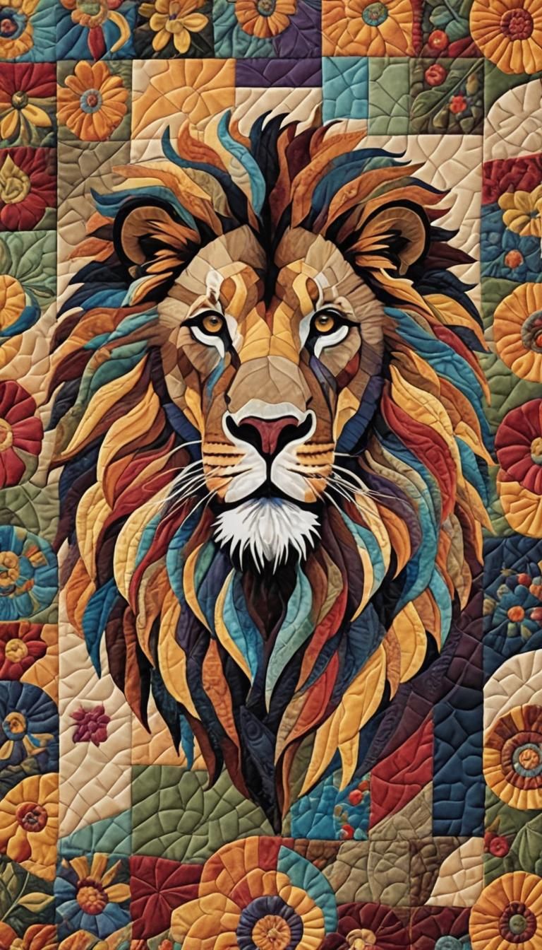 Patchwork quilted pattern invites you to a unique and colorful experience This Majestic Lion consists of a palette of tw...