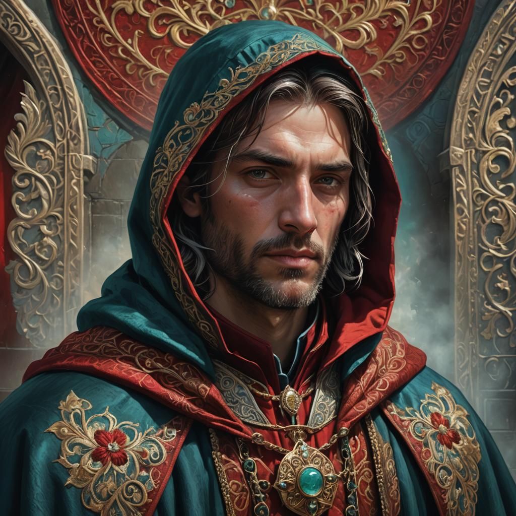 Medieval English Man in Red Cloak, Digital Oil Painting