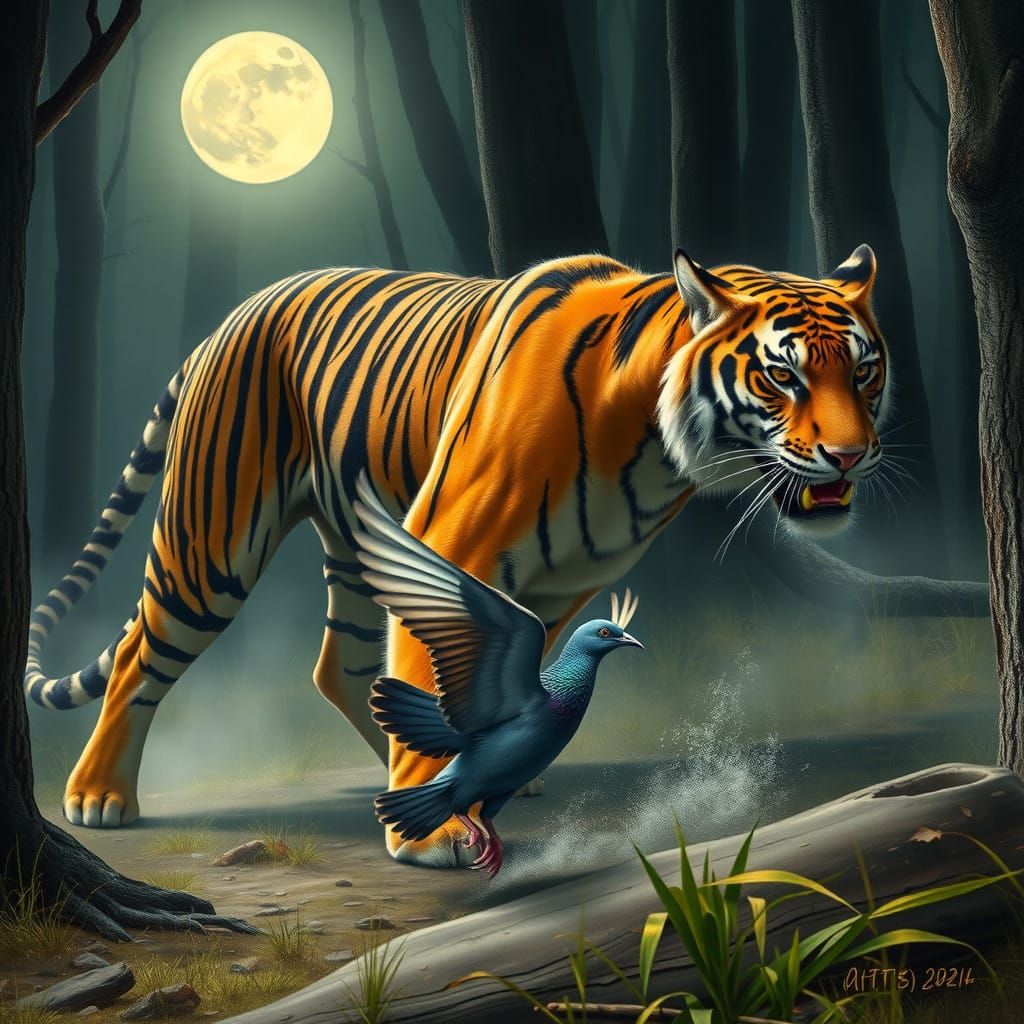Tasmanian Tiger Hunts a Fleeing Passenger Pigeon in Moonlit...
