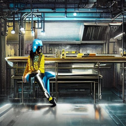 Goth Fashion Icon in Abandoned Cyberpunk Coffee Shop