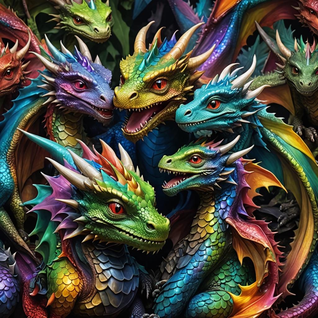 Happy Cuddling Dragons in Magical Realism Style