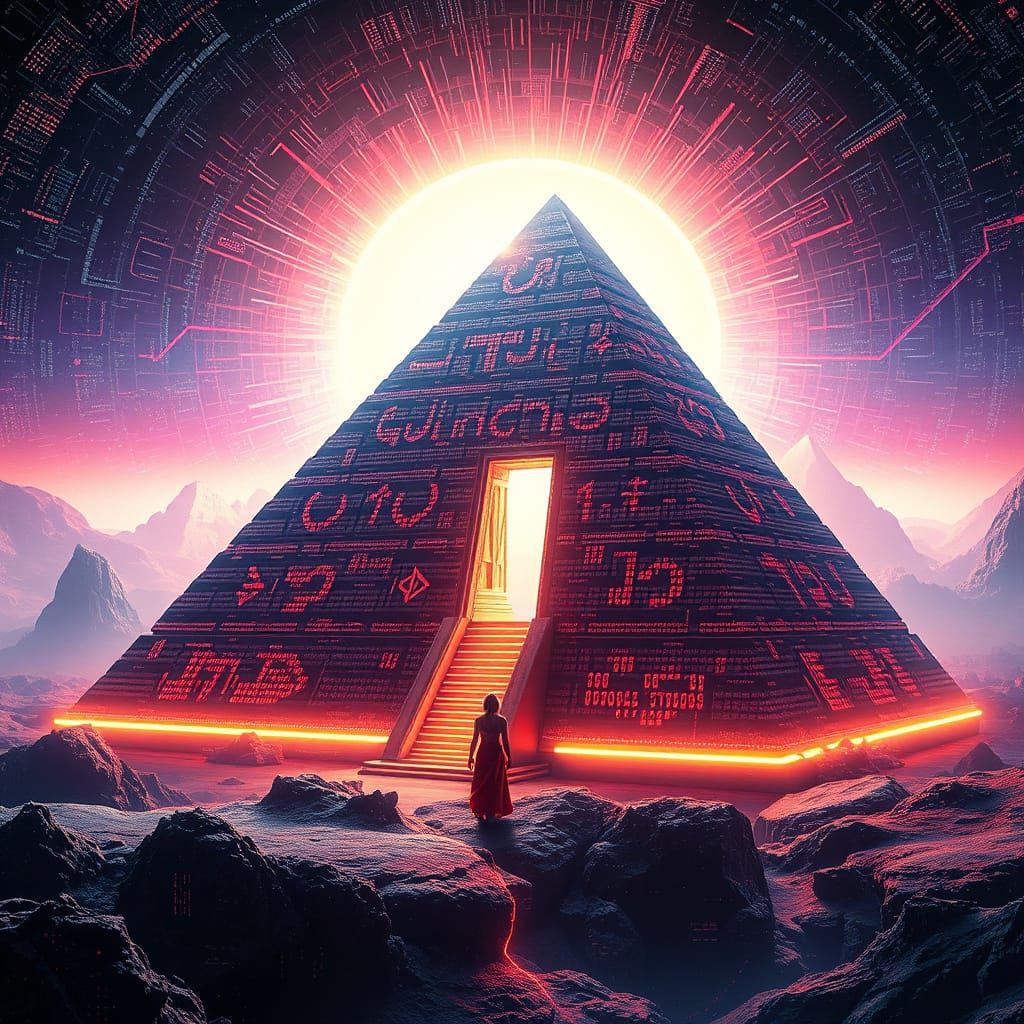 Digital Pyramid in Space with Egyptian Symbols