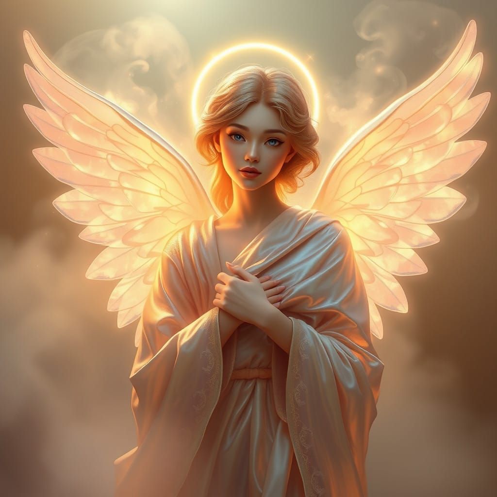 Ethereal Angel in Iridescent Robes with Delicate Translucent...