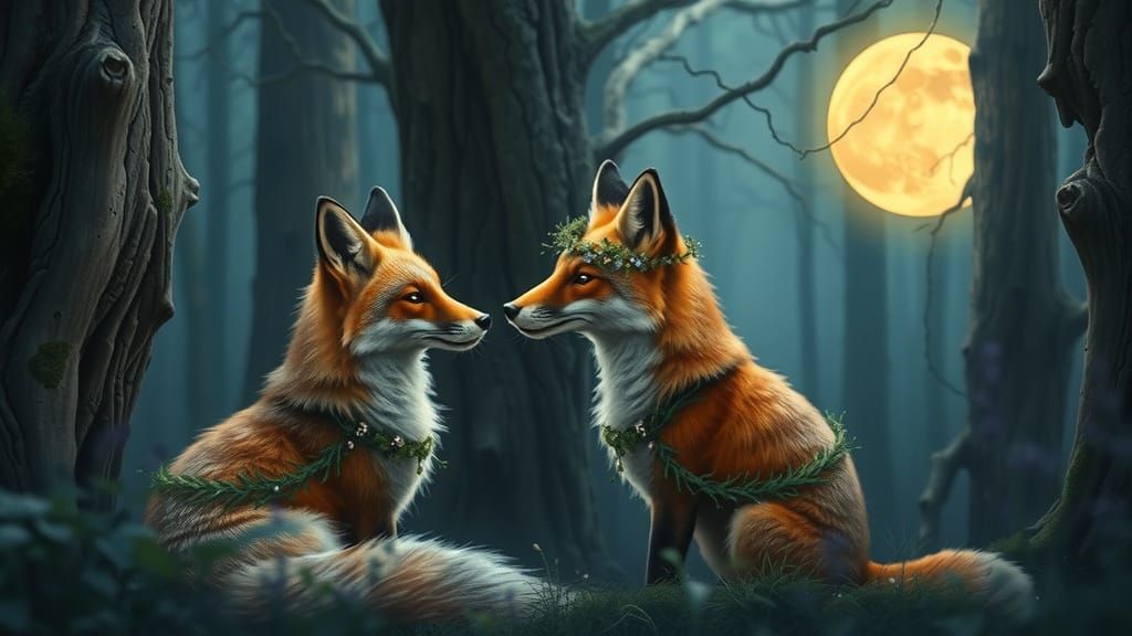Foxes Courting in Moonlit Forest Glade